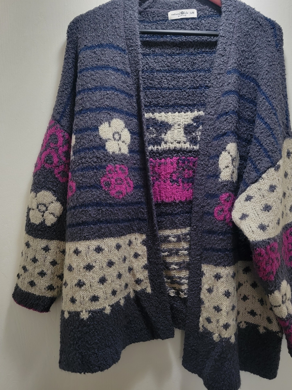 NATURAL LIFE Grey, Cream & Pink Floral Patchwork Sweater Cardigan